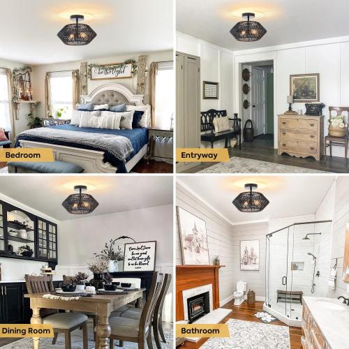 2-Lights Woven Rattan Ceiling Light Fixture, Black Farmhouse Hand-Woven Cage Semi Flush Mount Ceiling Light, Small Boho Coastal Basket Close to Ceiling Light for Bedroom Hallway Nursery Entryway