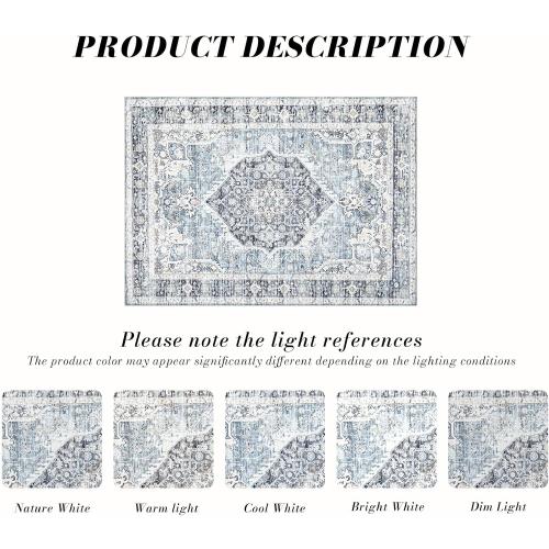 Area Rug 5×7, Vintage Boho Rug,Ultra-Soft Low Pile, Washable, Non Slip,Stain Resistant Printed Carpet for Living Room Bedrooms Playroom Office Kitchen, Light Blue