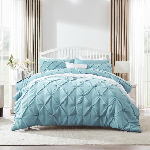 Fluffy Comforter Set, KING 7 Pieces Pinch Pleat Design Bedding Set, Down Alternative Comforter with 2 Pillow Shams, 2 Pillowcases, 1 Flat Sheet, 1 Fitted Sheet (Stone Blue Pinch Pleat, KING)