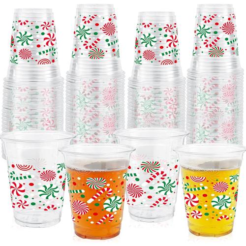 ABURRORI 50 Pcs 12OZ Christmas Plastic Cups,Red Green Christmas Peppermint Candy Cane Disposable Clear Plastic Cups Juice Soda Beverage Party Favors For Merry Xmas Holiday Themed Decorations Supplies