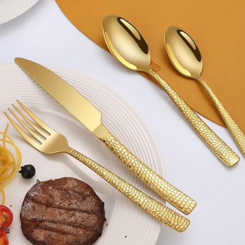 40-Piece Silverware Set, Gold Hammered Stainless Steel Flatware Sets for 8, Food-Grade Tableware Set, Including Fork Knife Spoon Set, Durable Home Kitchen Cutlery Sets, Dishwasher Safe, RX357