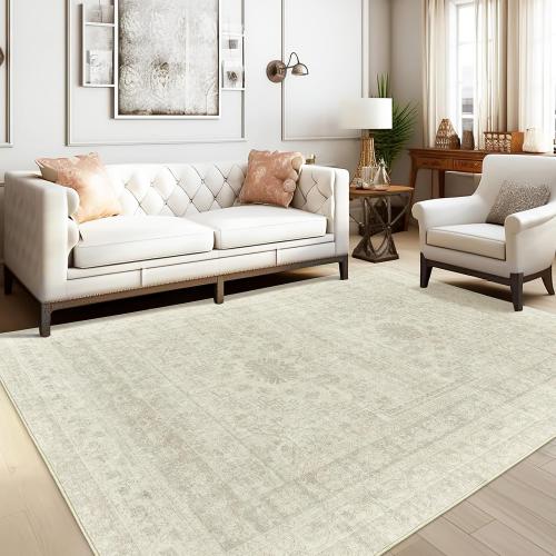zesthome 5x7 Area Rugs - Ultra-Thin Washble Rug, Stain Resistant Anti Slip Backing Rugs for Living Room,Bedroom, Vintage Home Decor Area Rug (Beige/Grey,5'x7')