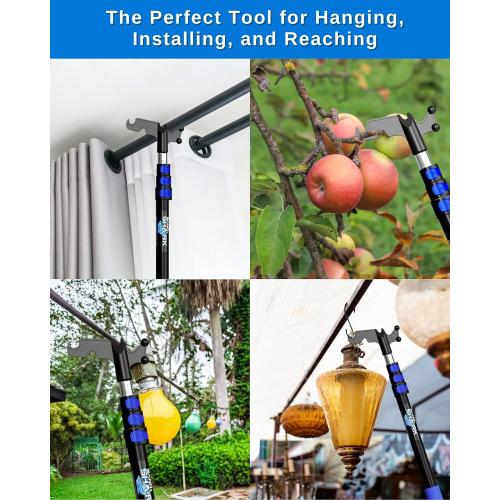 4-12 FT Telescopic Extension Pole W/Hook, Christmas Light Pole Hanger Tool, Telescoping Pole for Christmas Lights Installation, Lightweight and Sturdy Light Hanger Pole for Birdfeeders, String Lights