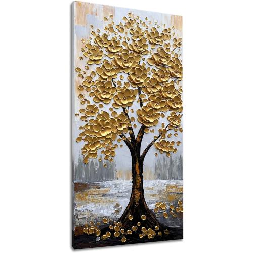 zoinart 3D Modern Oil Paintings, Gold Fortune Tree Painting, Abstract Vertical Canvas Wall Art, Floral Wall Painting for Dining Room Hallway Living Room Wall Decor 48x24 Inches