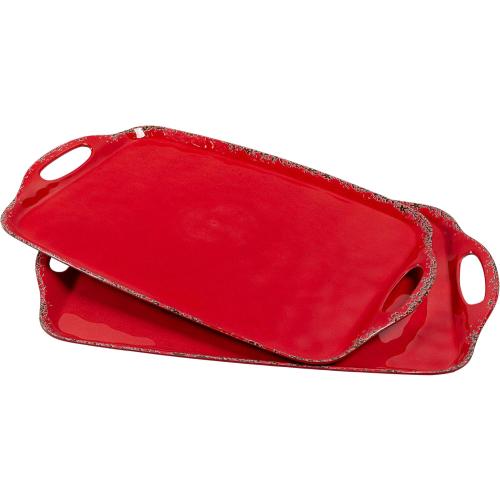 Set of 2 Color Red Christmas Large Melamine Serving Tray with Handle, Crackled Rustic Rectangle Melamine Serving Platter for Serving Food, Coffee Table Tray, Entertaining & Party Use, Set of 2, Christmas Red