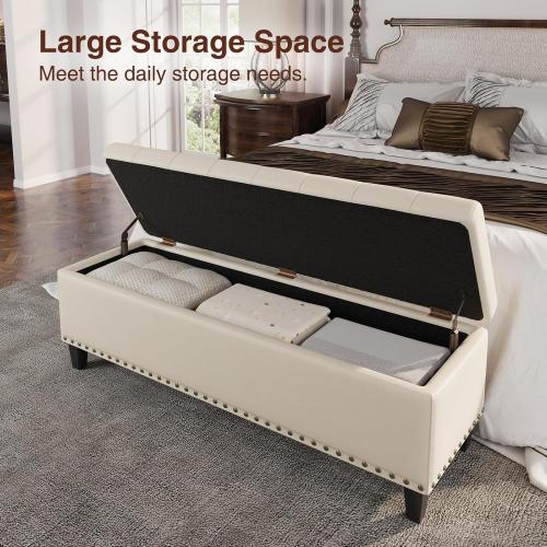 Size 51 Color White Storage Ottoman Bench,51-Inch Large Storage Bench for Bedroom End of Bed, 30 Gallons Faux Leather Ottoman with Storage for Bedroom, Living Room, Entryway, Cream White