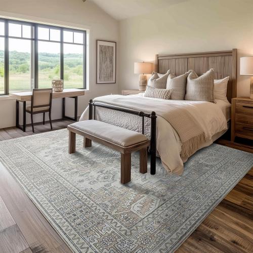 Beige 8x10 Machine Washable Rugs Area Rugs for Living Room,Ultra Soft Low Pile Retro Rugs for Bedroom,Dining Room,Large Non Slip Carpet Vintage Distressed Accent Rug for Farmhouse Office Home Decor