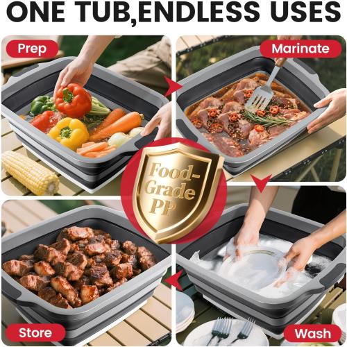 BBQ Prep Tub,30L Collapsible Cutting Board with Lid for Grilling, Black | Portable Wash Basin, Odor-Control Storage, Table-Saving Prep Area, For Grill Stations, Parks, RV Trips, Picnic Crew Meals