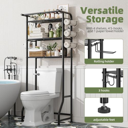 Simple Trending Over The Toilet Storage Cabinet, Metal Bathroom Shelf Organizer with Paper Holder and Hooks, 3 Tier, Black
