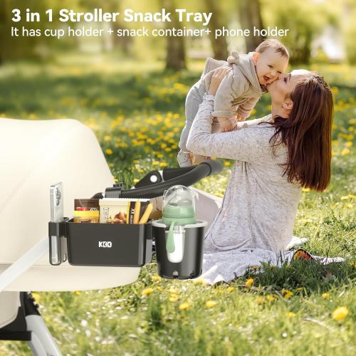 KDD Stroller Cup Holder with Snack Tray, 3-in-1 Universal Stroller Tray with Phone Holder, Removable Drink Holder, 360 Rotation Tray Attachment for Uppababy, Nuna, Wheelchair, Bike, Walker, Scooter