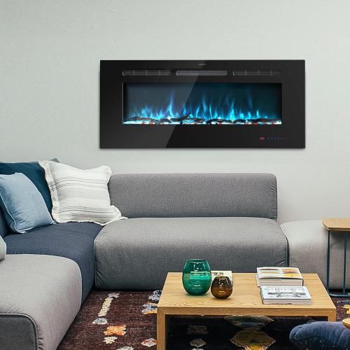 Size 42 inches Electric Fireplace Inserts, Recessed and Wall Mounted Fireplace Heater, Linear Fireplace w/Thermostat, Remote & Touch Screen, Multicolor Flame, Timer, Logs & Crystal, 750W/1500W