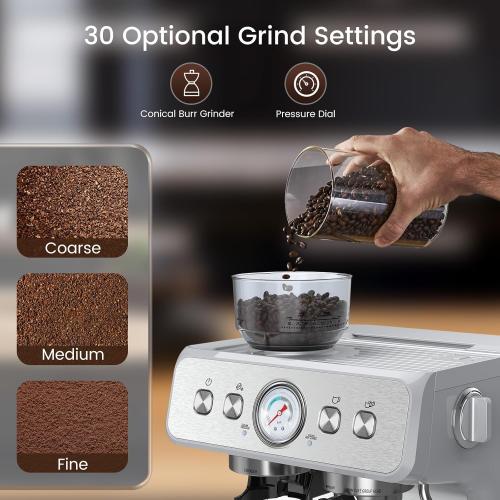 Espresso Machine with Grinder, Stainless Steel 20 Bar Semi-Automatic Expresso Coffee Machines, Featuring a Milk Frother, Steam Wand, Removable Water Tank for Latte, Macchiato, Cappuccino
