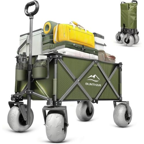 Beach Wagon with Big Wheels for Sand, Heavy Duty Collapsible Folding Wagon with All-Terrain 9 Pneumatic Tires & Drink Holders, Utility Wagon for Garden Sports Camping Outdoor Activities