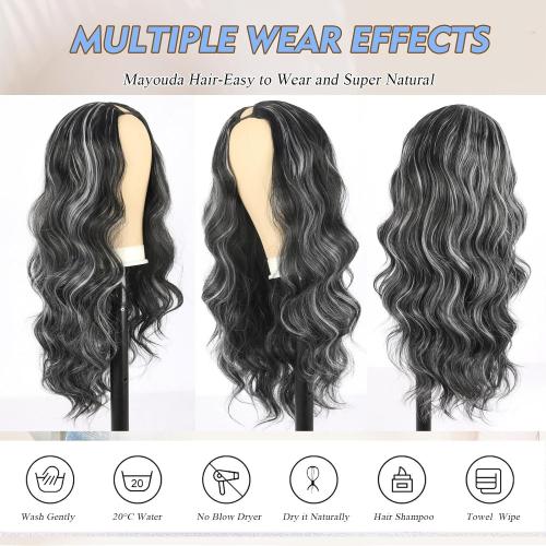 Body Wavy V Part Wig For Women Water Curly Black With Grey 24 Inch