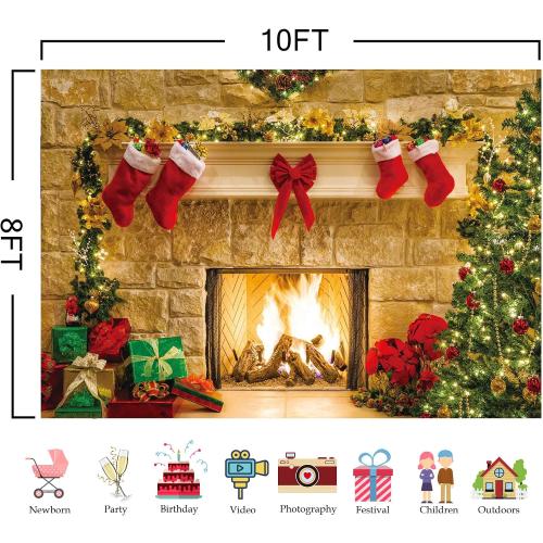 10x8ft Christmas Fireplace Theme Backdrop for Photography | PolyesFabric-Tree Sock Decorations,Xmas Party Supplies,Studio Decor Booth Props,Photo Background Pictures,Wrinkle Free