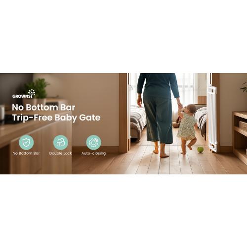 Grownsy Baby Gate for Stairs- No Bottom Bar, 29.8” to 43.5” for Child and Pet, Dog Gate with Auto-Close & One-Hand Operation, Hardware-Mounted (Drill Needed) Installation for Doorways and Indoor Use
