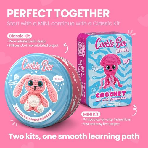 Cookie Box Original Crochet Kit for Beginners – Gift Set to Make Bunny Lola Amigurumi Plushie – Easy DIY Crochet & Knitting Starter Kit with Video and PDF Tutorials