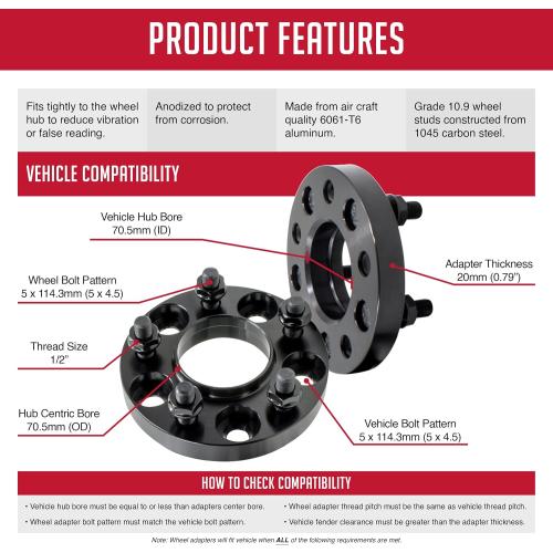 Wheel Accessories Parts 2 Pc Hub Centric Wheel Spacers Adapters 5x4.5 5x114.3 20mm Thick 1/2-20 Thread Stud Fits Ford Mustang 1994 to 2014
