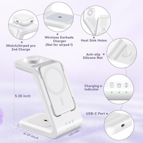 3 in 1 Wireless Charging Station: 5000mAh Removable Power Bank Charger Stand for Phone/Watch/Air Pods - Portable Magnetic Battery Pack for Air 17 16 15 14 13 12 Series White