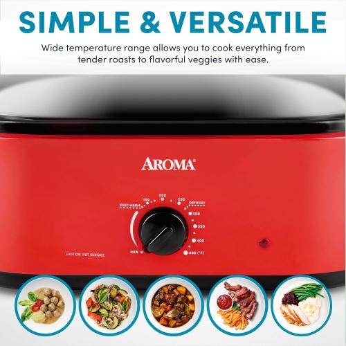 AROMA 18Qt. Roaster Oven with Self-Basting Lid, Fits 22-lb. Turkey, Adjustable Temperature Settings, Keep Warm Setting, Red