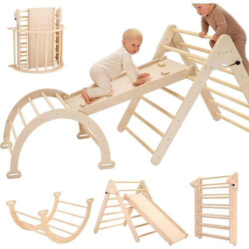 Pillowhale Extra‑Large Montessori Wooden Climbing Triangle Set—Foldable Toddler Gym Triangle, Climbing Ramp & Arch, Indoor Playground for Toddlers 12  Months