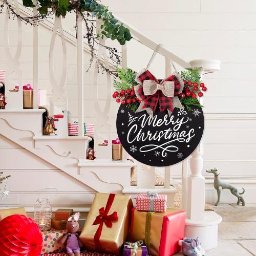 Black Door Sign for Christmas Decorations, Lighted Christmas Wreaths for Front Door, Farmhouse Wooden Hanging Merry Christmas Sign with 30 LED Lights for Indoor Outdoor Porch Wall Window Decor