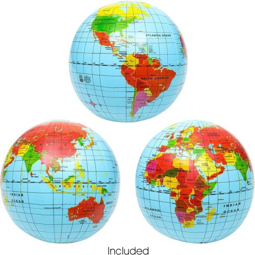 ArtCreativity Inflatable World Globe Ball Set Set of 6 Print Blue and Clear - Colorful Earth Map, 16 Inch Inflatable Beachball for Pool, Summer Fun Toys for Kids, Learning and More