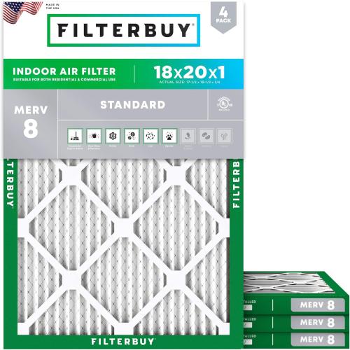 Filterbuy 18x20x1 Air Filter MERV 8 Essential Dust & Allergy Defense (4-Pack), Electrostatic Pleated HVAC AC Furnace Filters Replacement (Actual Size: 17.50 x 19.50 x 0.75)
