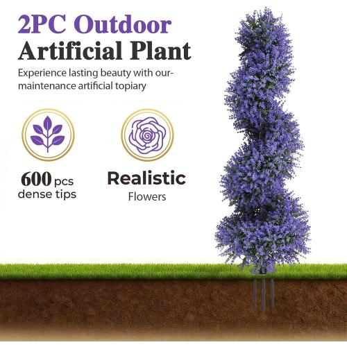 PATIO CHOICE 3ft Artificial Topiary Spiral Trees with Lavender Set of 2 High End Outdoor Faux Plants Realistic Fake Bushes Lilac Shrubs Decorations for Outdoor Front Porch Garden