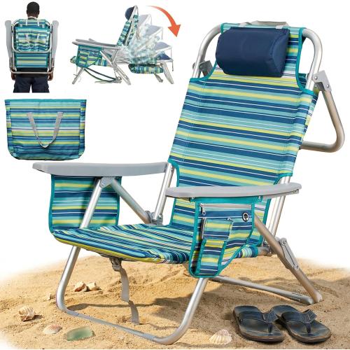 Aluminum Backpack Low Profile Beach Chair - 5-Position Lay Flat Reclining Folding Chair with Removable Cooler Bag - Heavy Duty 330 lbs Capacity, Lightweight Portable Sand Seat - Striped Green‼️has mild scratches ‼️