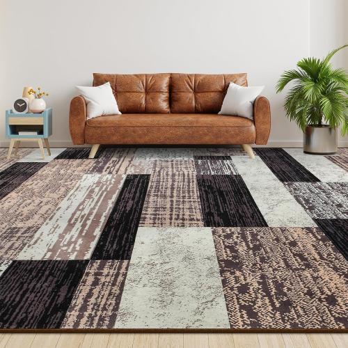 Large Area Rugs,Modern Geometric Patchwork Floor Decor for Bedroom Aesthetic Carpet, Rockwood Collection, Indoor Rugs for Living Room Dining Room Nursery Office Machine Washable Rug, Chocolate