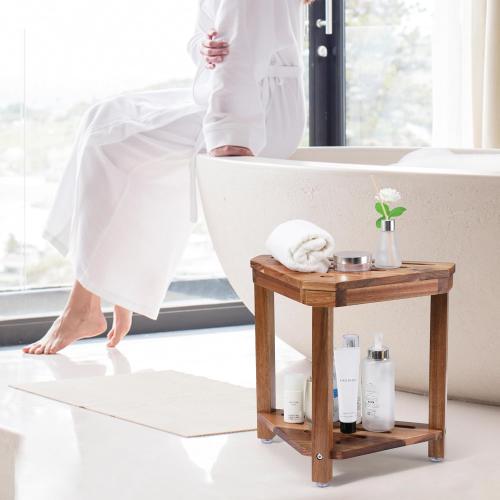 Shower Foot Rest 14in, Acacia Wood Shower Stool for Shaving Legs, Waterproof Corner Shower Stool with Storage Shelf for Inside Small Shower Spaces, Wood Color