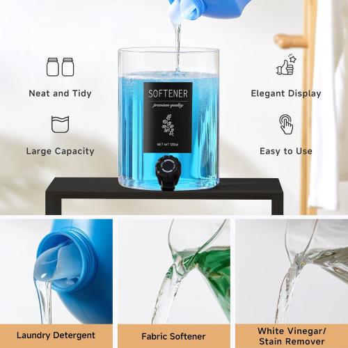 Glass Laundry Detergent Dispenser with Shelf & Black Bamboo Lid - 120 Oz Liquid Detergent, Laundry Soap & Fabric Softener Dispenser for Laundry Room Organization and Storage with 2 Cups & 8 Labels