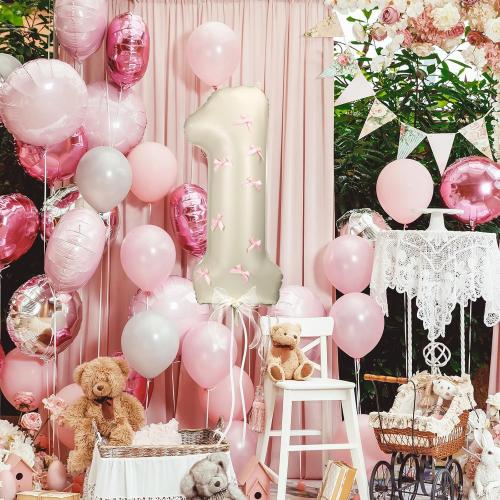 Number 1 Pink Bow 1st Birthday Balloon, 32 Inch Giant Aluminum Foil Number 1 Cream White Balloon Coquette Party Decoration for Christmas Girl Boy Birthday Baby Shower Anniversary Party Gifts