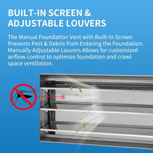 8 x 16 Manual Foundation Vent with Adjustable Louvers for Ventilating Crawl Space Replacement Air Vent for Block & Brick Construction, Aluminum, 73 sq. in. Net Free Vent Area 4 piece