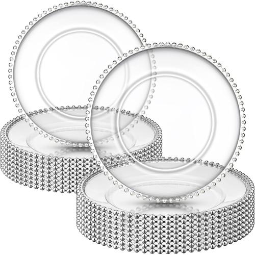 10 PCS Clear Charger Plates with Beaded Rim 13 Inch Plastic Round Charger Plates Bulk for Dinner Home Kitchen Wedding Party Tabletop(Silver)