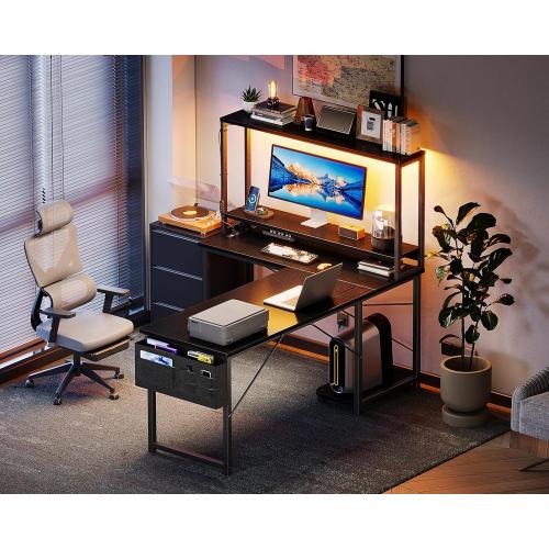AODK L Shaped Desk Gaming Desk with LED Light & Power Outlet, 53 Inch Reversible L Shaped Computer Table with Shelf & Storage Bag & Hook for Home Office, Black