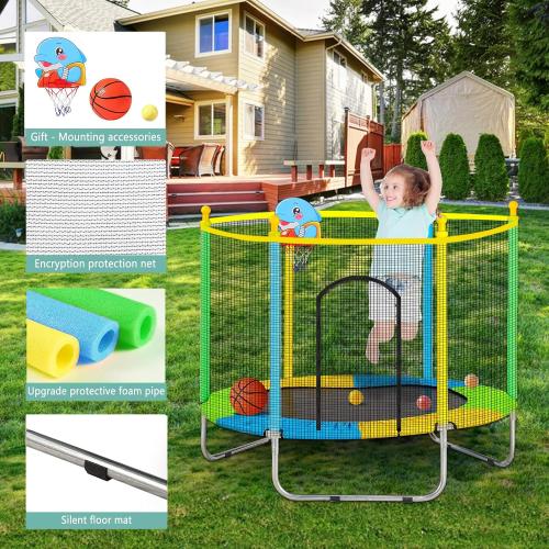 Juoe 55 Trampoline for Kids with Enclosure,Up to 440 Ibs Toddler Mini Trampoline with Net and Basketball Hoop,Indoor/Outdoor Toddler Trampoline for Kids,Gifts for Boys & Girls