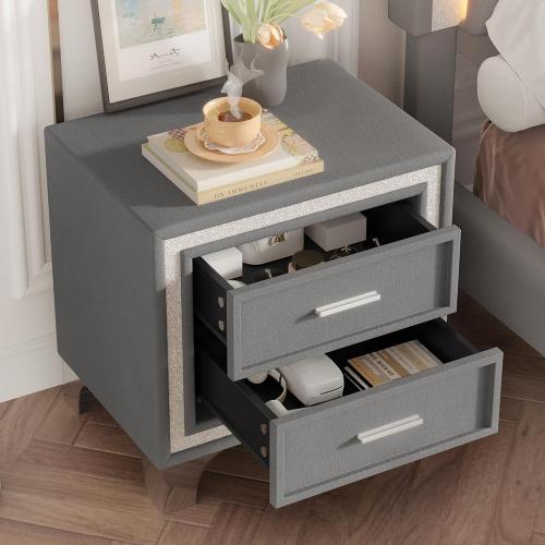 Mid Century Vintage Nightstand with Silver Glitter Strip, Gray Velvet Bedside Table with 2 Drawers and Metal Legs