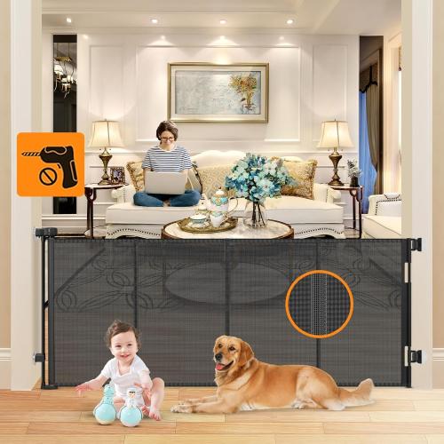 80” No Drill Baby Gate with Support Rod to Prevent Bottom Escape Retractable Pet Gates for Doorways No Drilling Mesh Baby Gates Extra Wide Retractable Dog Gate for Stairs No Drilling Child Safety Gate