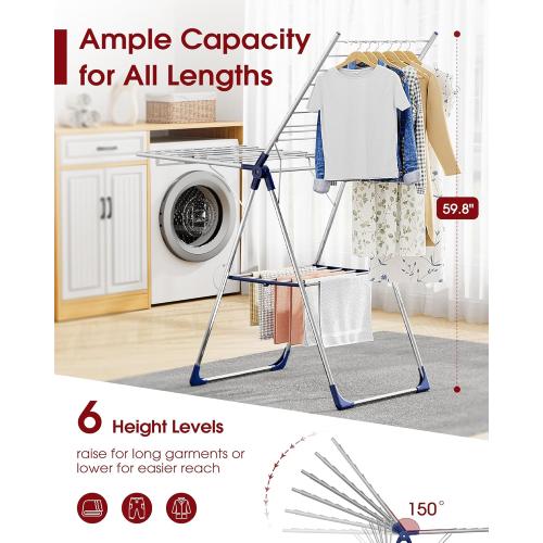 Sakugi Clothes Drying Rack with Height-Adjustable Wings, Metal Foldable Laundry Dryer Stand for Clothing & Bedding, Free-Standing Collapsible for Indoor & Outdoor Use, 55.5 L × 22.8 W, Silver Blue