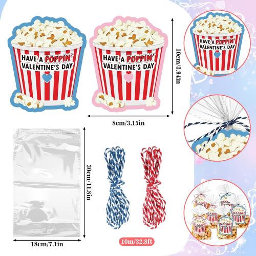 Tenceur 48 Pcs Valentine's Day Popcorn Tag Have a Poppin' Valentine's Day Gift Tags with OPP Bags and Ropes Valentines Labels Card for Popcorn Notecard Exchange Gift School Classroom Party Favors