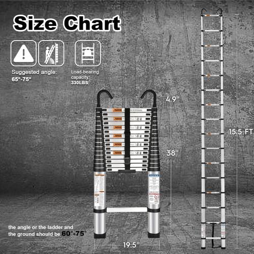 15.5 Ft Telescoping Ladder, SocTone Aluminum with Non-Slip Feet, 330lbs Max Capacity, Collapsible Ladder with Hooks for RV or Outdoor Work