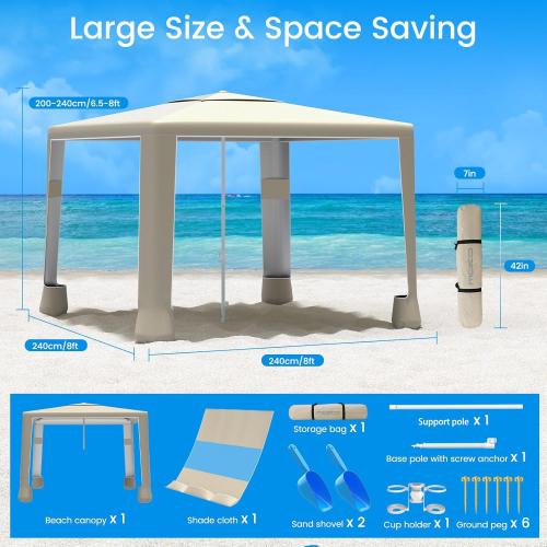 MoKo [US Version] Beach Cabana, 8'×8' Large Beach Canopy with Side Wall, UPF 50  Protection Easy Setup Beach Tent Sun Shelter, Adjustable Height Sturdy Frame Cabana Tent for Whole Family, Khaki