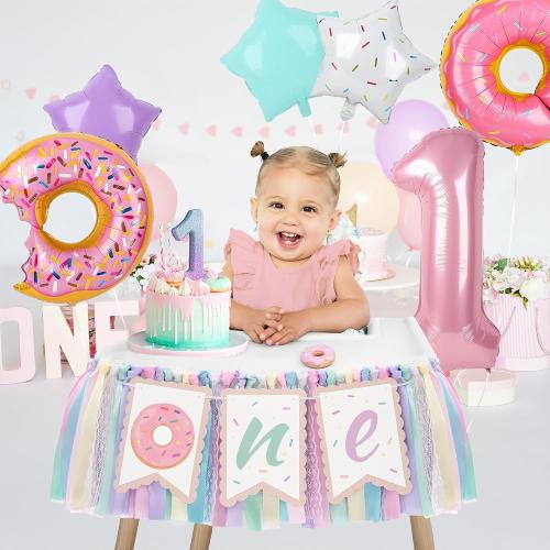Kriyokiaa Donut Highchair Banner 1st Birthday Girl Sweet One Birthday Party Decorations Rainbow High Chair Banner Photo Background