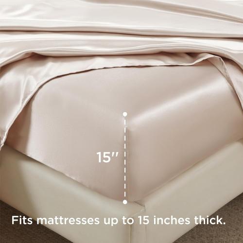 Bedsure Satin Sheets Full Size - 4 Piece Silky Bedsheets with 15 Inches Deep Pocket Fitted Bedsheet,1 Flat Sheet, 2 Satin Pillowcases, Good for Hair & Skin (Full, Beige)