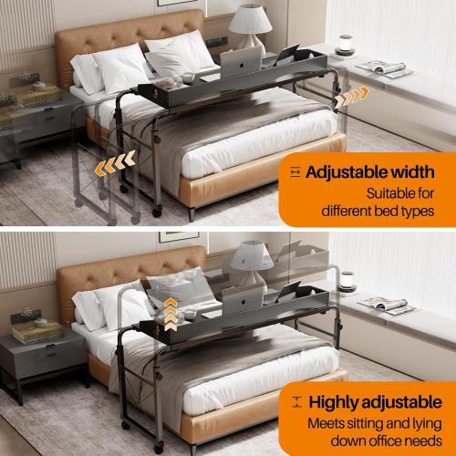 BYMECOST Laptop Desk for Bed, Adjustable Height & Length Laptop Bed Table,Overbed Table with Wheels for King & Queen Size Beds,Rolling Standing Desk,Over Bed Desk for Working Reading Eating