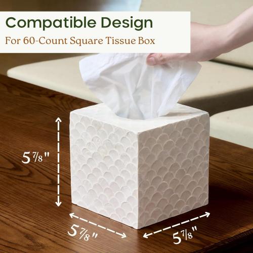 5.8” Capiz Tissue Box Cover, Square Decorative Tissue Holder with Bottom Slider, Handmade Bathroom Accessories, Elegant White Cube for Vanity, Bedroom, Office & Coastal Décor (Natural)