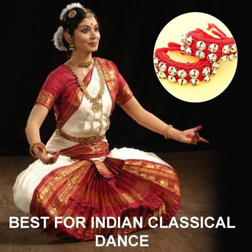 Dancing Bells Ghungroo Pair Indian Classical Dance Accessories with Colored Cushion Pad Best Dance Metal Brass Anklets Bells Ghunghroo Pad (Red, Double Line)
