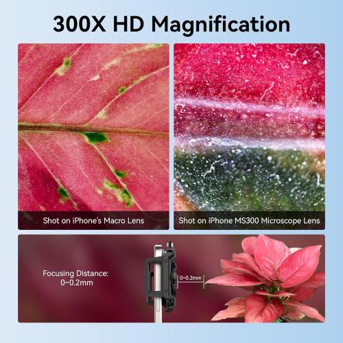 APEXEL 300X Phone Microscope Lens, Phone Camera Micro Lens with Universal Clip/LED Light/CPL, Mini Pocket Microscope, Phone Lens Attachment Fit for iPhone 16/15/14/13, Samsung, and Most Smartphone